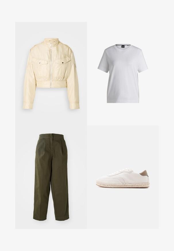 Chaqueta corta beige con cremallera frontal, cuello alto, mangas largas y dos bolsillos en el pecho con botones sobre un fondo liso.; Camiseta de algodón blanca con cuello redondo, mangas cortas y un corte relajado. Presenta una pequeña etiqueta de la marca cerca del cuello.; Pantalones de pierna ancha color verde oliva con cintura alta, con pliegues frontales y dobladillos vueltos. Fabricados en un tejido ligero con una textura suave.; Zapatilla blanca con parte superior de ante, acentos beige y suela de yute tejido. Cuenta con cordones planos y un logo lateral de la marca.
