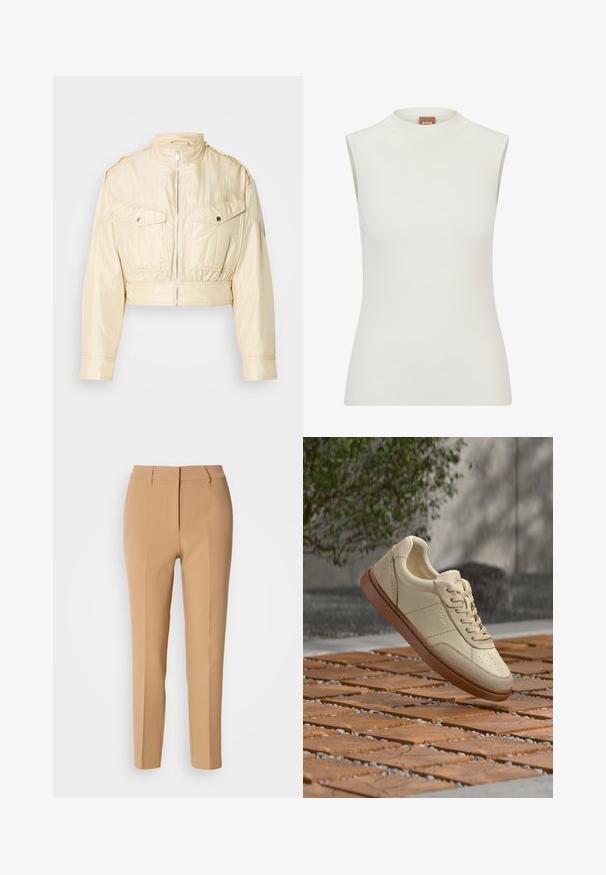 Chaqueta corta beige con cremallera frontal, cuello alto, mangas largas y dos bolsillos en el pecho con botones sobre un fondo liso.; Top blanco sin mangas con un escote alto, que presenta una textura acanalada y un diseño ajustado. Etiqueta de la marca "BOSS" visible en el cuello.; Pantalones tailored en tono beige, confeccionados en una tela suave, con frente plano, presillas para cinturón y dos bolsillos laterales; de corte slim con diseño de pierna recta.; Zapatilla de cuero beige con suela marrón suspendida sobre una superficie exterior con baldosas, con pequeñas piedras dispersas y follaje verde en el fondo.