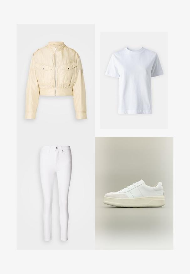 Beige cropped jakke med frontlynlås, opretstående krave, lange ærmer og to brystlommer med knapper på en ensfarvet baggrund.; Hvid bomulds t-shirt med rund halsudskæring, korte ærmer, lige snit og glat tekstur. Ingen mønstre eller dekorationer.; Hvide denim slim-fit jeans med høj talje, featuring en frontknap og lynlås lukning, samt fem lommer. Glat tekstur og tætsiddende design.; Hvid lavt sneaker med tyk cremefarvet sål, snørelukning foran og ruskindståkappe detalje vist på beige baggrund.