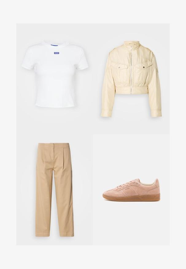 Chaqueta corta beige con cremallera frontal, cuello alto, mangas largas y dos bolsillos en el pecho con botones sobre un fondo liso.; Camiseta de algodón blanca con mangas cortas, escote redondo y un parche rectangular azul con el logo "HUGO" en el centro delantero.; Pantalones de algodón beige con un corte relajado, que cuentan con dos pliegues frontales, pierna recta y un cierre clásico de botón en la cintura.; Zapatillas de ante rosa claro con suela de goma, punta redondeada y cierre con cordones. Presenta una marca mínima en el lateral y en el talón.