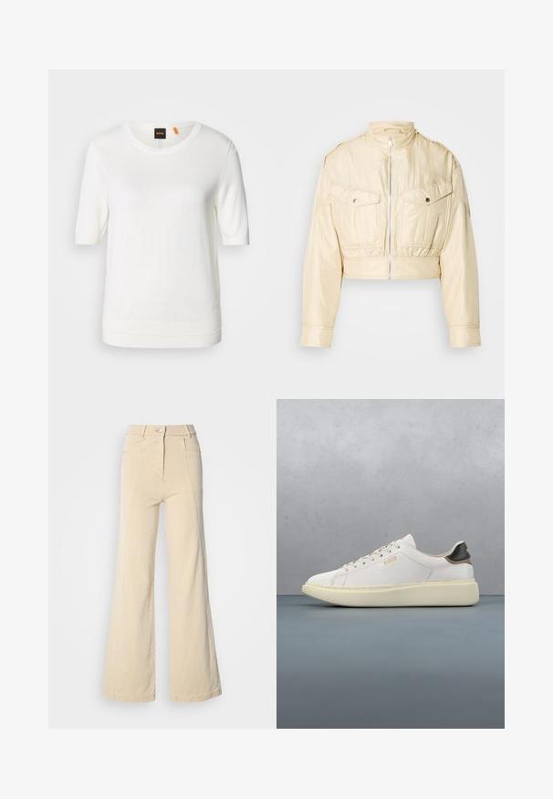 Beige cropped jakke med frontlynlås, opretstående krave, lange ærmer og to brystlommer med knapper på en ensfarvet baggrund.; Hvid kortærmet strik-top med rund halsudskæring, ribkant og blød tekstur. Logomærke med orange detalje ved kraven.; Beige vidde jeans med høj talje, forlommer og kontrasterende syninger, udstyret med en knaplukning og en glat bomuldsstruktur.; Hvide sneakers med en glat læderoverdel, har en tan- og sort læderhælbrik, runde snørebånd og en kraftig beige gummisål. Guld logo detaljer.