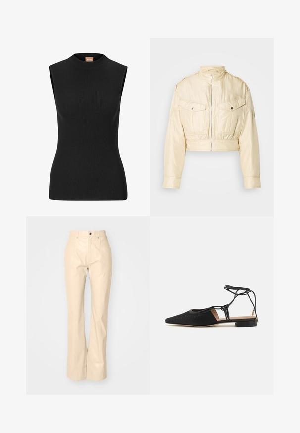 Beige cropped jakke med frontlynlås, opretstående krave, lange ærmer og to brystlommer med knapper på en ensfarvet baggrund.; Ermeløs sort ribbet top med høj hals og figursyet pasform, lavet af strækbart materiale. Har minimal branding på nakken.; Beige faux læder fløjsbukser med en glat overflade, der har frontlommer, knaplukning og en subtil shiny finish.; Sort fladsko med spids tå, tekstureret overdel, ankelbånd og lav blok-hæl. Har et subtilt mønster på materialet.