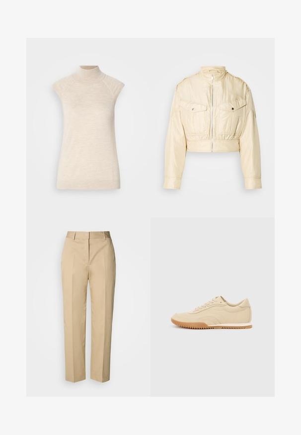 Chaqueta corta beige con cremallera frontal, cuello alto, mangas largas y dos bolsillos en el pecho con botones sobre un fondo liso.; Top sin mangas de cuello alto en color beige, fabricado en un suave tejido texturizado. Presenta hombros raglán y una silueta ajustada. Adecuado para combinaciones en capas.; Pantalones beige de pierna recta con trabillas para cinturón, pliegue frontal y cierre oculto, exhibidos sobre un fondo claro.; Zapatillas de cuero beige con un perfil bajo, superficies texturizadas y una suela de goma con un patrón de zigzag para mayor tracción.