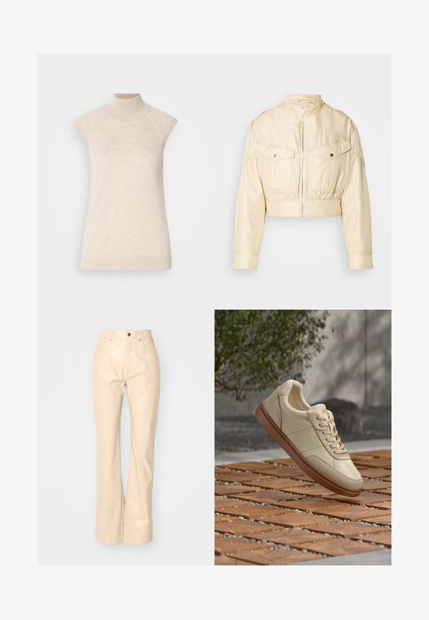 Beige cropped jack met ritssluiting aan de voorkant, opstaande kraag, lange mouwen en twee borstzakken met knopen op een effen achtergrond.; Beige hooggesloten mouwloze top, gemaakt van zachte, gestructureerde stof. Beschikt over raglan-schouderpassen en een getailleerde pasvorm. Geschikt voor gelaagde outfits.; Beige faux leren flarebroeken met een soepele textuur, voorzien van voorzakken, een knoopsluiting en een subtiele glansafwerking.; Beige leren sneaker met bruine zool zwevend boven een betegeld buitenterrein met verspreide kleine steentjes en groene bladeren op de achtergrond.