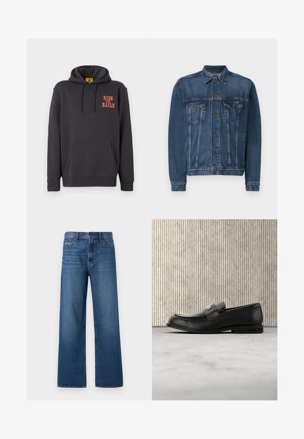 Denimjakke i mørkeblå, med knap-åbning foran, to brystlommer og syede detaljer langs sømme og manchetter. Standard krave.; Grå hættetrøje med kængurulomme, snørehætte og orange "RIDE THE RAILS" tekst på brystet. Blødt stof med en glat tekstur.; Blå, højtaljede, straight-fit jeans med knapper og lynlås foran, fem lommer og en lille mærket patch på højre lomme.; Sort læderloafer med metalbrandskilt hvilende nær et brunt rundt bord på beige tæppe.