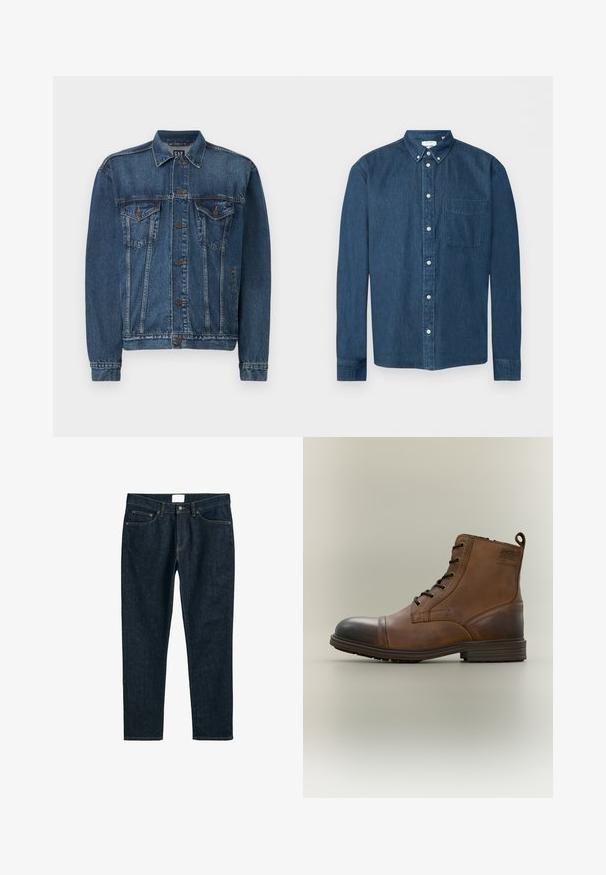 Donkerblauwe denimjack, met een knoopsluiting aan de voorkant, twee borstzakken en gestikte details langs de naden en mouwen. Standaard kraagstijl.; Donkerblauw denim overhemd met knopen, lange mouwen, een voorzak aan de linkerkant en een button-down kraag, weergegeven op een witte achtergrond.; Donkerblauwe denim jeans, rechte pasvorm, met vijf zakken, knoopsluiting en contrasterende stiksels. Gladde textuur met een klassiek ontwerp.; Bruine leren enkellaars met veters, zwarte neuskap, ronde zool en merkdetail aan de zijkant tegen een effen achtergrond.