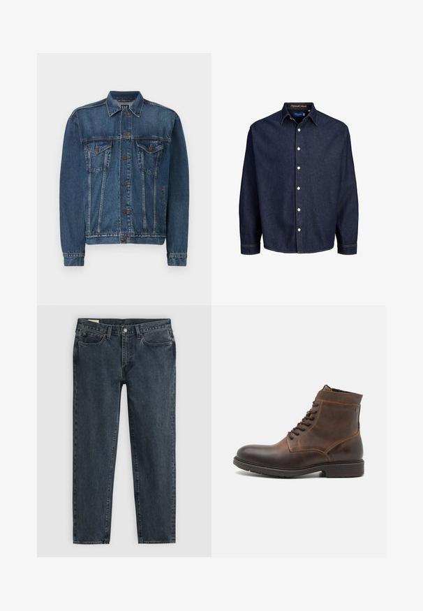 Dunkelblaue Jeansjacke mit Knopfverschluss, zwei Brusttaschen und genähten Details an Nähten und Bündchen. Klassischer Kragenstil.; Dunkelblaune Jeanshemd mit Knopfleiste, langen Ärmeln und klassischem Kragen, mit weißen Knöpfen und kontrastierenden Nähten.; Dunkelblaue Denim-Jeans mit geradem Bein, fünf Taschen und einem Knopfverschluss. Subtile Ausbleichungen verleihen dem Stoff Textur.; Jack & Jones JFWDELANEY BOOT - Schnürstiefelette - cognac