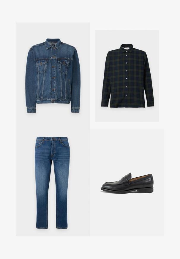 Chaqueta de denim en azul oscuro, con cierre de botones al frente, dos bolsillos en el pecho y costuras decorativas a lo largo de las costuras y los puños. Estilo de cuello estándar.; Camisa de cuadros de manga larga en verde oscuro y azul marino, hecha de algodón, con cuello botón y tapeta de botones en la parte frontal.; Vaqueros rectos azules con cinco bolsillos, cierre de botón y un ligero desgaste en los muslos y las rodillas, exhibidos sobre un fondo blanco.; Mocasín de hombre de cuero negro con detalles cosidos, tacón bajo apilado y una correa estrecha en la parte superior, mostrado de lado sobre un fondo blanco.