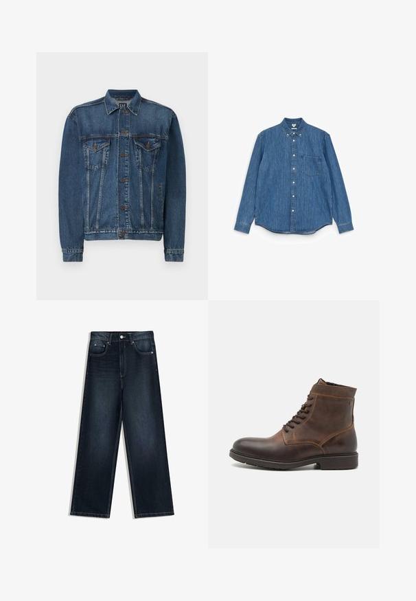 Veste en denim bleu foncé, avec une fermeture à boutons sur le devant, deux poches poitrine et des coutures décoratives le long des coutures et des poignets. Style de col standard.; Chemise en denim bleu à manches longues avec un col pointu, des boutons blancs, une poche poitrine unique et un ourlet droit. Texture uniforme et poids moyen.; Jean en denim foncé à jambes larges avec une texture lisse, doté d'une fermeture à boutons sur le devant, de cinq poches et de détails de couture contrastants.; Jack & Jones JFWDELANEY BOOT - Bottines à lacets - cognac