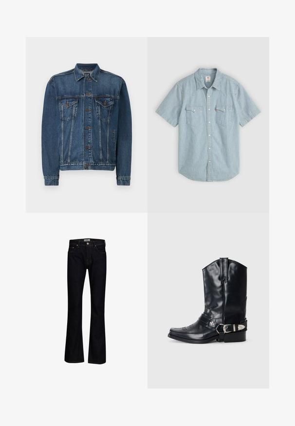 Donkerblauwe denimjack, met een knoopsluiting aan de voorkant, twee borstzakken en gestikte details langs de naden en mouwen. Standaard kraagstijl.; Korte mouwen shirt in lichtblauw met witte strepen, voorzien van een traditionele kraag, twee borstzakken en knoopsluiting. Gemaakt van katoen.; Donkerblauwe flare jeans van denim met een gladde textuur. Beschikt over vijf zakken, messing hardware en contrasterende stiksels.; Zwarte leren cowboylaars met een spitse neus, hoge schacht, decoratieve stiksels en zilveren gespsluiting op de band. Gestructureerde afwerking.