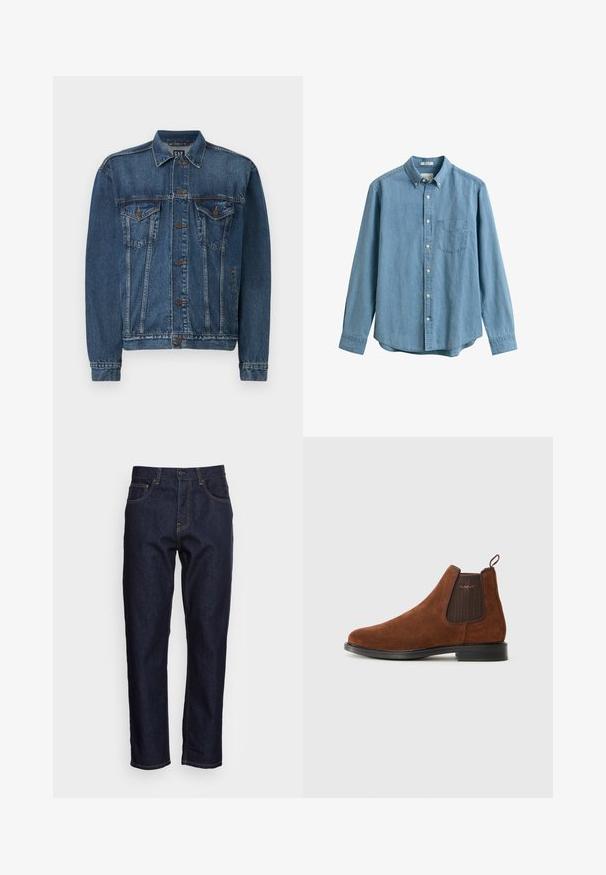 Denimjakke i mørkeblå, med knap-åbning foran, to brystlommer og syede detaljer langs sømme og manchetter. Standard krave.; Lyseblå denimskjorte med lange ærmer, knapper foran, brystlomme, knappet krave og hvide knapper.; Mørkeblå denimjeans med lige pasform, fem lommer og kontrasterende gul syning. Designet med en klassisk knap- og lynlåslukning.; Brune ruskinds Chelsea-støvle med elastisk sideskilt, løkke til at trække i bagpå, sort sål og subtil "GANT" logo på sideskilt.