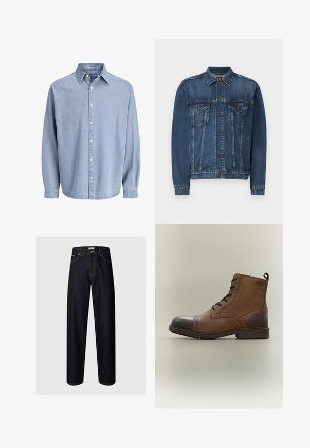 Chaqueta de denim en azul oscuro, con cierre de botones al frente, dos bolsillos en el pecho y costuras decorativas a lo largo de las costuras y los puños. Estilo de cuello estándar.; Camisa de mezclilla de manga larga color azul claro con cuello y botones blancos, presentada sobre un fondo blanco liso.; Vaqueros vaqueros azul oscuro de pierna recta con botón delantero, cremallera, presillas para cinturón y costuras visibles en los bolsillos y las costuras.; Bota de cuero marrón con cordones hasta el tobillo, puntera negra, suela redonda y detalle de marca en el lateral sobre un fondo liso.