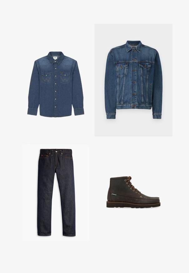 Veste en denim bleu foncé, avec une fermeture à boutons sur le devant, deux poches poitrine et des coutures décoratives le long des coutures et des poignets. Style de col standard.; Chemise en denim bleu foncé avec un col à boutons, deux poches poitrine à couture contrastante et des manches longues avec poignets à boutons.; Jeans en denim bleu foncé avec une coupe droite, un design à cinq poches, des rivets en cuivre, des coutures jaunes et un tissu texturé distinct.; Sebago Bottines à lacets - marrone