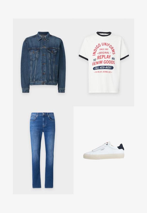 Denimjakke i mørkeblå, med knap-åbning foran, to brystlommer og syede detaljer langs sømme og manchetter. Standard krave.; Hvid bomuld T-shirt med marineblå krave og ærmekanter, med rød og blå grafisk tekst, herunder "INDIGO UNIFORMS" og "RING 423-9251."; Blå denim jeans med lige pasform, der har fem lommer, en knaplukning og let falmede detaljer over hele stoffet.; Hvid lavtop-sneaker med beige sål, hvide snørebånd, sort hælkappe og "Pepe Jeans London"-logo på siden.