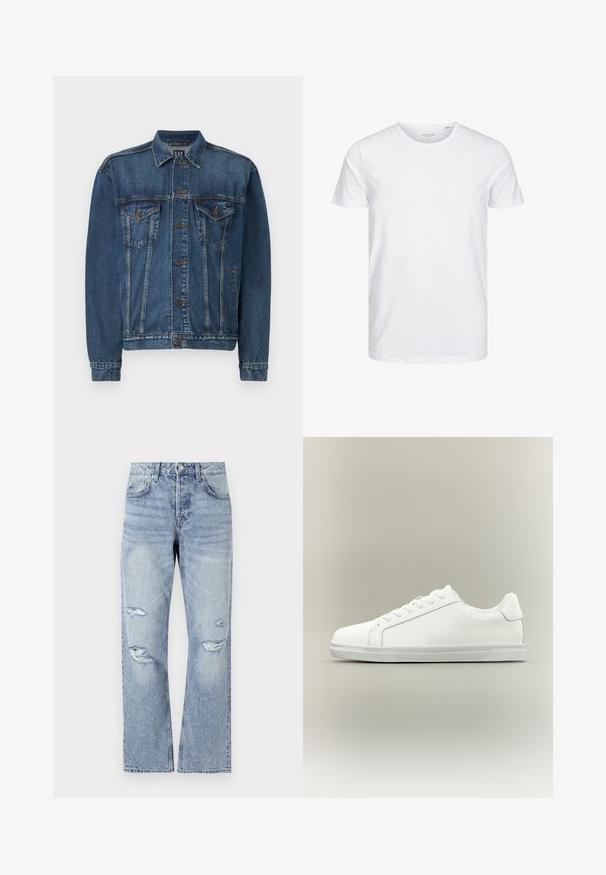 Veste en denim bleu foncé, avec une fermeture à boutons sur le devant, deux poches poitrine et des coutures décoratives le long des coutures et des poignets. Style de col standard.; T-shirt à col rond à manches courtes de couleur blanche unie, fabriqué en coton doux, avec un design simple sans motifs ni accents visibles.; Jean en denim bleu clair avec une coupe droite, présentant des déchirures usées au niveau des genoux et un style classique à cinq poches.; Baskets blanches basses à lacets sur l'avant avec semelle en caoutchouc texturée, sur fond neutre uni.