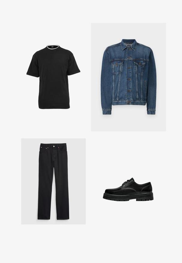 Denimjakke i mørkeblå, med knap-åbning foran, to brystlommer og syede detaljer langs sømme og manchetter. Standard krave.; Sort t-shirt med korte ærmer og rund hals, med hvid kant på krave og ærmekanter, vist mod en hvid baggrund.; GAP 90S LOOSE - Loose-jeans - black; Sorte lædersko med snøring, rund tå, tekstureret finish og tykk gummisål med dyb rillestruktur for godt greb.