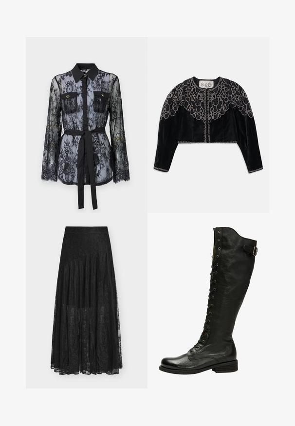 Zwarte geknipte fluwelen jas met ingewikkelde geborduurde bloemen in kralen en een kettingachtige rand langs de halslijn en zoom. Lange mouwen.; Zwarte kanten blouse met lange mouwen, knoopzakken op de borst, een klassieke kraag en een stoffen riem die op de taille is gestrikt. Doorzichtige uitstraling.; Zwarte kanten rok met een vloeiend, gelaagd ontwerp. Voorzien van een tailleband, delicate bloemmotieven en een doorschijnende textuur. De lengte reikt tot halverwege de kuit.; Zwarte leren kniehoog laars met vetersluiting aan de voorkant, zilveren oogjes en een bucklet aan de zijkant. Heeft een gestructureerde afwerking en een gestapelde hak.
