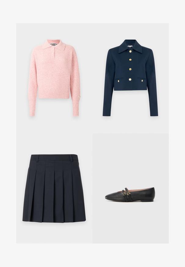 Veste cropped navy avec un large col, des manches longues et six boutons dorés sur le devant ainsi que sur deux poches à rabat avant.; Pull en rose côtelé avec un col et une patte de boutonnage à trois boutons. Manches longues et coupe courte. Étiquette cousue sur la manche.; Jupe plissée bleu foncé avec une ceinture plate, fabriquée en tissu lisse. Elle présente plusieurs plis verticaux et une coupe ajustée.; Chaussures plates en cuir noir avec un bout pointu, dotées de deux brides noires avec des accents en métal doré. Texture lisse et talon bas.