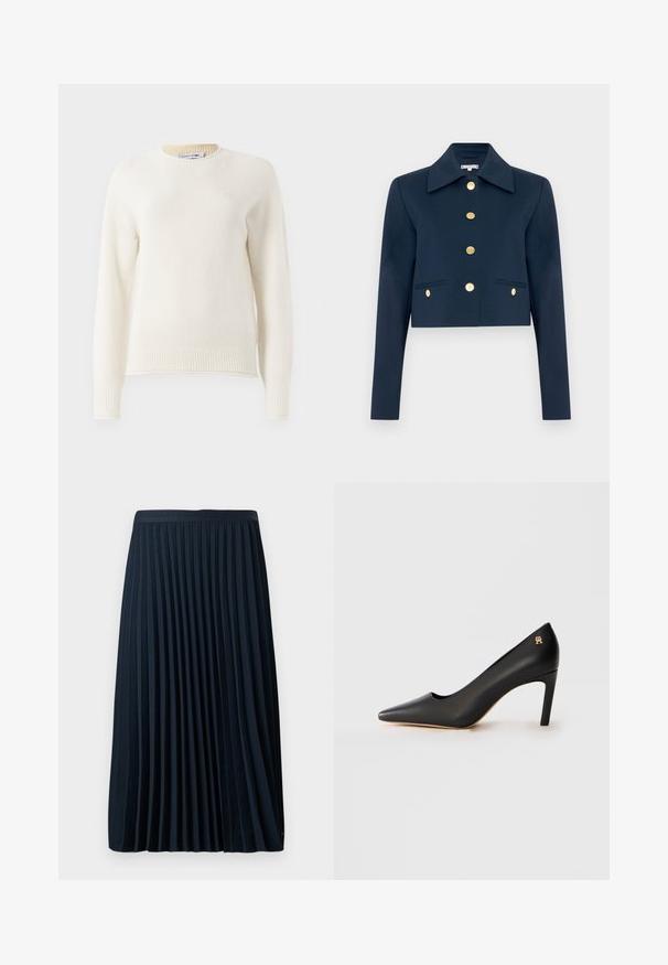 Veste cropped navy avec un large col, des manches longues et six boutons dorés sur le devant ainsi que sur deux poches à rabat avant.; Pull en maille blanc cassé à manches longues avec des poignets et un ourlet côtelés, col rond, et petit logo brodé sur la poitrine.; Jupe plissée marine avec une taille texturée, en tissu lisse, présentant des plis verticaux régulièrement espacés et un design mi-mollet.; Soulier noir en cuir à bout pointu avec un talon stiletto de hauteur moyenne et un petit emblème doré près du talon sur fond blanc.