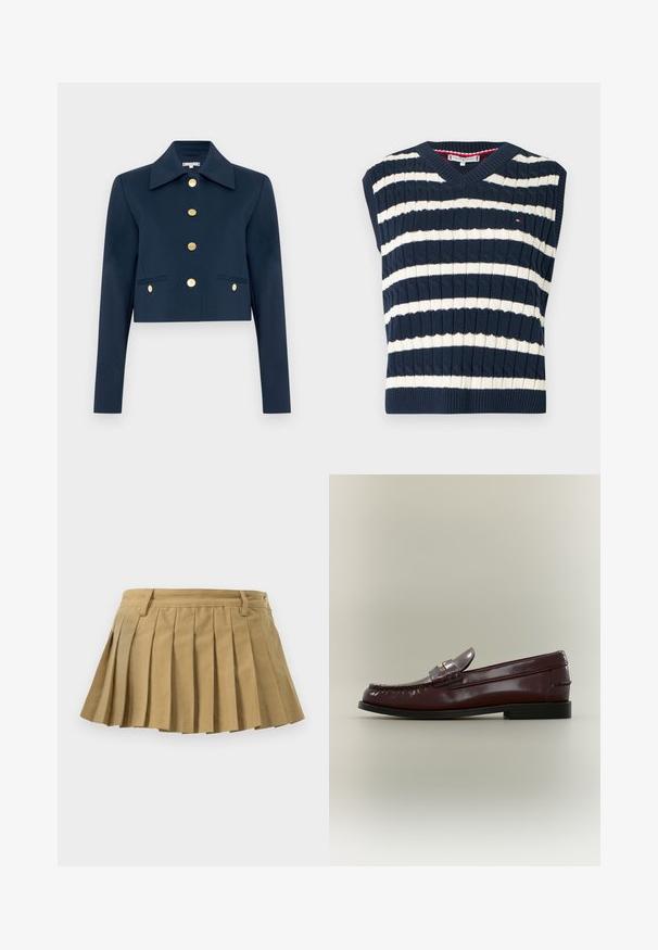 Marineblauwe cropped blazer met brede kraag, lange mouwen en zes gouden knopen aan de voorkant en op twee voorzakken met klep.; Mouwloos gebreid vest met marineblauwe en crèmekleurige strepen, een V-hals en een geribbelde textuur. Voorzien van een klein logo op de borst.; Plissé rok in lichtbruine stof, met een aansluitende tailleband, meerdere plooien en een rechte onderrand. Geen zichtbare sluitingen of accenten.; Donkerbruine leren loafer met een lage zwarte zool en een decoratieve band over de bovenkant, getoond in profiel tegen een effen achtergrond.