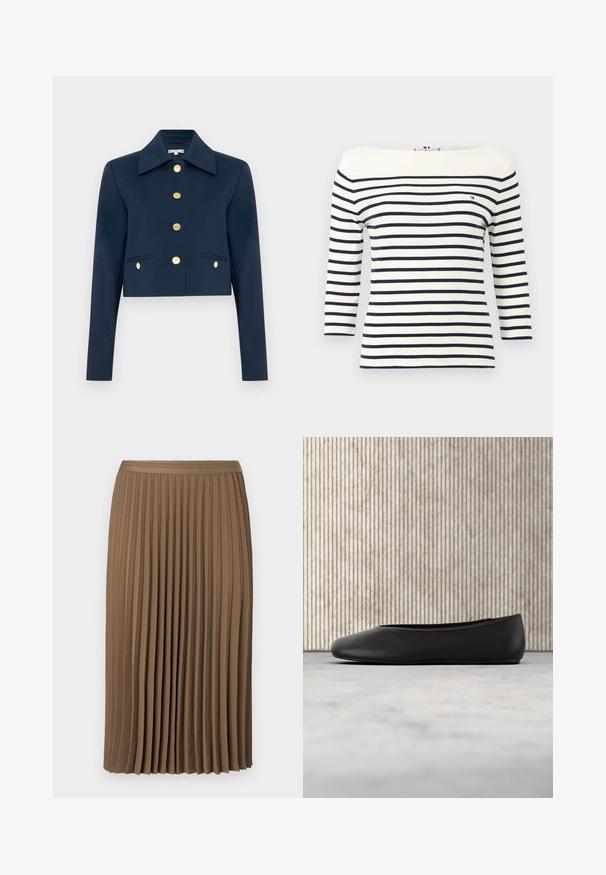 Mørkeblå cropped jakke med bred krave, lange ærmer og seks guldknapper foran samt to for lommer med klap.; Hvid langærmet skjorte med vandrette mørkeblå striber og et lille Tommy Hilfiger-logo på venstre bryst.; Brun plisseret nederdel i blødt stof med en tekstureret talje med et geometrisk mønster. Designet er mellemlangt og flyder blidt.; Sorte læder balletflade med en rund tå, glat tekstur og en gulds logoaccent på siden. Placeret over en reflekterende overflade.