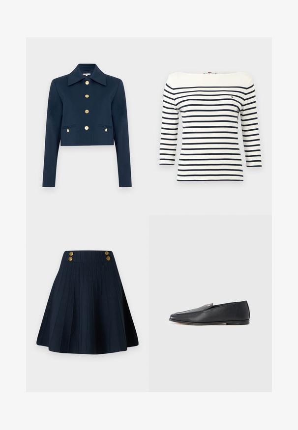 Mørkeblå cropped jakke med bred krave, lange ærmer og seks guldknapper foran samt to for lommer med klap.; Hvid langærmet skjorte med vandrette mørkeblå striber og et lille Tommy Hilfiger-logo på venstre bryst.; Marineblå plisseret nederdel med struktureret stof, høj talje og to gyldne knapper foran, der skaber en ren linje og en struktureret form.; Sorte læderloafers med en glat tekstur, rundet tå og subtile syningsdetaljer. Har en guldfarvet logoaccent på oversiden.