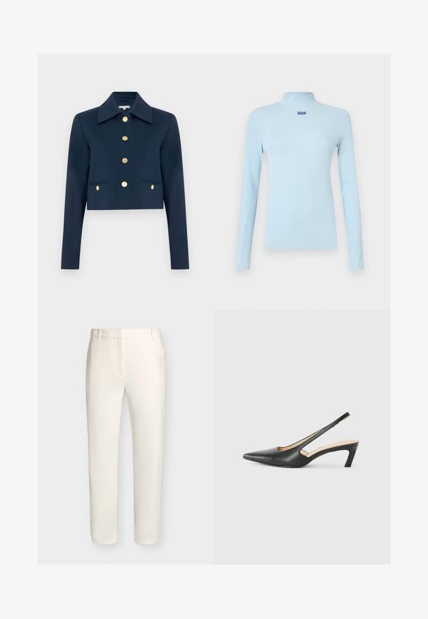 Veste cropped navy avec un large col, des manches longues et six boutons dorés sur le devant ainsi que sur deux poches à rabat avant.; Haut à col roulé à manches longues bleu clair en tissu côtelé, avec un petit logo bleu sur la poitrine et une coupe ajustée.; Pantalon blanc sur mesure avec passants de ceinture et coupe slim, présenté sur un fond clair uni.; Slingback noir à bout pointu avec un petit talon, en cuir lisse et doté d'un design découpé sur le côté pour plus de respirabilité.