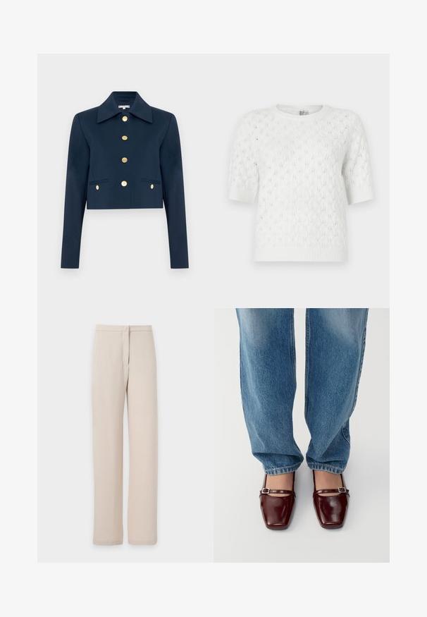 Mørkeblå cropped jakke med bred krave, lange ærmer og seks guldknapper foran samt to for lommer med klap.; Hvid kortærmet strikket sweater med kabelmønster, rund halsudskæring og ribbet kant. Fremstillet af et let, tekstureret stof.; Beige bukser med lige ben, høj talje, knaplukning og subtile forreste sømdetaljer på en ensfarvet baggrund.; Burgunderfarvede patentlæder sko med firkantet tå og ankelrem, parret med lyseblå løs pasform jeans. Skoene har en glansfuld overflade.