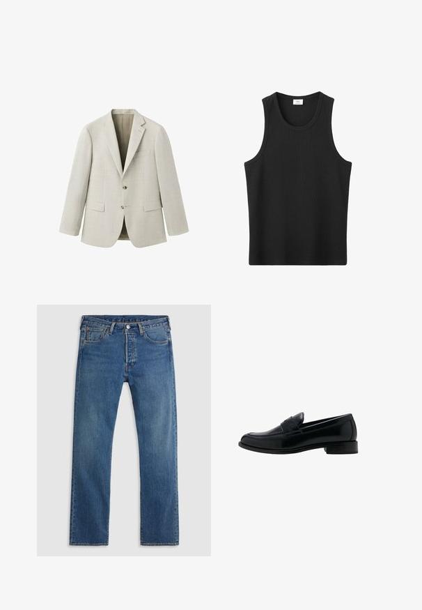 Hellbeige Herrenblazer mit zwei Knöpfen, Kerbspitzenrevers, Pattentaschen und einer Brustleistentasche, auf weißem Hintergrund dargestellt.; Schwarzes geripptes ärmelloses Top mit rundem Ausschnitt, entworfen für den Freizeitgebrauch.; Blaue geradlinige Jeans aus Denim mit fünf Taschen, Gürtelschlaufen sowie einem Verschluss mit Knopf und Reißverschluss auf einem schlichten Hintergrund.; Schwarzer Lederloafer mit niedrigem Absatz, rundem Zehenbereich und einem klassischen Penny-Riemen auf dem Spann.