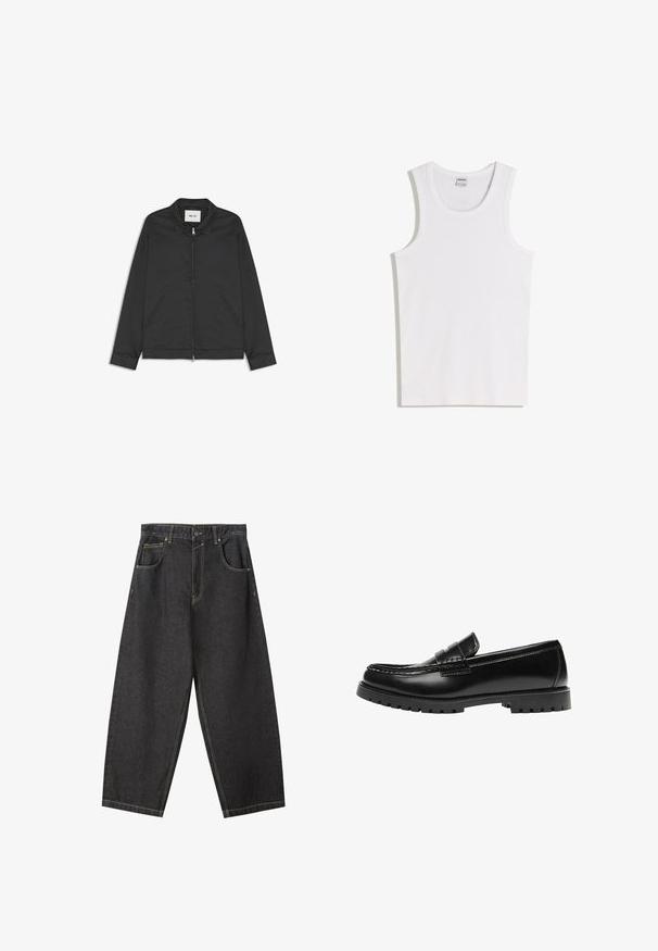 Schwarze leichte Jacke mit Kragen, langen Ärmeln, zwei seitlichen Einschubtaschen und durchgehendem Frontreißverschluss.; Weißes Baumwoll-Tanktop mit rundem Ausschnitt und breiten Trägern. Glatte Textur, keine Muster oder Akzente, schlichtes Design.; Schwarze Denim-Hosen im Weitbein-Design mit gelben Nähten, fünf Taschen und einem mittelhohen Bund. Texturiertes Material mit glatter Oberfläche.; Schwarzer Leder-Slipper mit dicker Gummisohle und klassischem Penny-Detail an der Riemen, von der Außenseite gezeigt.