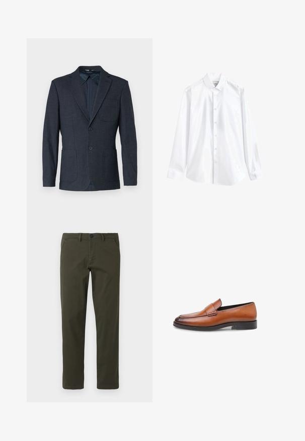 Selected SLHSLIM STRUCTURE - Bleiserjakk - dark blue; Valge pika varrukaga nööbitav särk, nööbitava kraega, kaelas nähtav silt ja volditud varrukasäärtega.; Oliivroheline sirge jala pükste paar, mis on valmistatud puuvillasegusest kangast. Omab tõmblukuga sääreosa, vöölõke ja kahte külgtaskut. Sile tekstuur.; Pruunid nahast loafersid, millel on sile pealispind, veidi ümar varvas, dekoratiivne õmblus ja minimaalne must kummist tall.