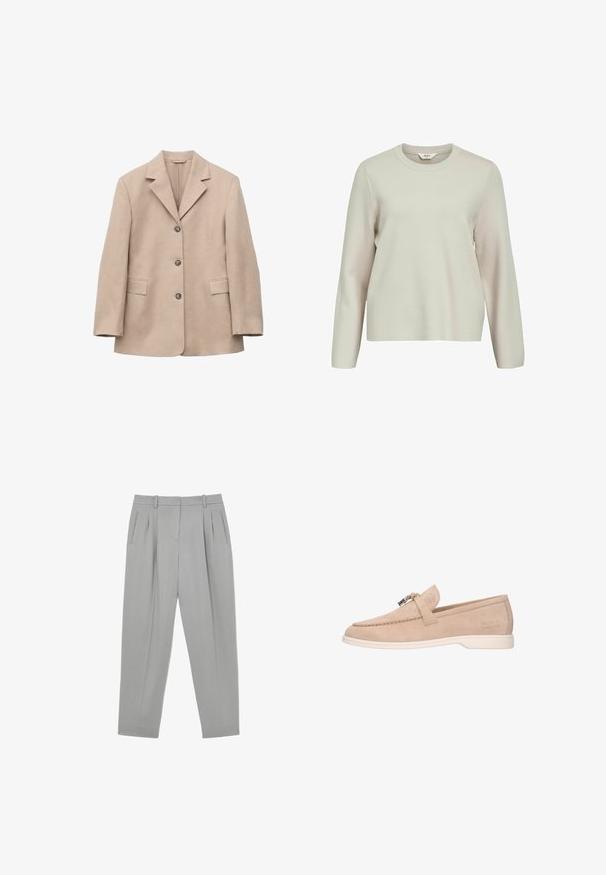 Blazer beige de un solo botón con tres botones, solapas con muesca, mangas largas y dos bolsillos delanteros con solapa, presentado sobre fondo blanco.; Suéter de manga larga beige claro con cuello redondo. Fabricado en material de punto texturizado, con hombros ligeramente caídos y un corte relajado.; Pantalones formales gris claro con pliegues frontales, bolsillos laterales, trabillas para cinturón y diseño de pierna ahusada.; Mocasín beige de ante sin cordones con suela blanca, detalle de hebilla metálica en la parte superior y "Melvin & Hamilton" grabado en el lateral.