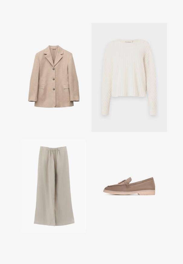Beige enkeltknappet blazer med tre knapper, hakrevers, lange ærmer og to forlommer med klap, vist på hvid baggrund.; CLOSED CREW NECK - Striktrøje - ecru; Beige bukser med vide ben og elastisk talje lavet af et let, blødt stof.; Brune læder loafer med en glat tekstur, der har et dekorativt bånd og guldfarvet hardware, hviler på en lys beige gummisål.