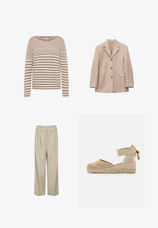 Blazer beige de un solo botón con tres botones, solapas con muesca, mangas largas y dos bolsillos delanteros con solapa, presentado sobre fondo blanco.; Suéter a rayas en beige y crema, con manga larga, un escote ancho y un diseño de punto texturizado.; Pantalones beige de talle alto y pernera ancha con trabillas para cinturón y pliegues delanteros, diseñados para un ajuste relajado pero elegante.; Espadrille beige con parte superior de lona, tacón tejido texturizado y suela de yute trenzado; cuenta con una correa atada al tobillo para un ajuste seguro.