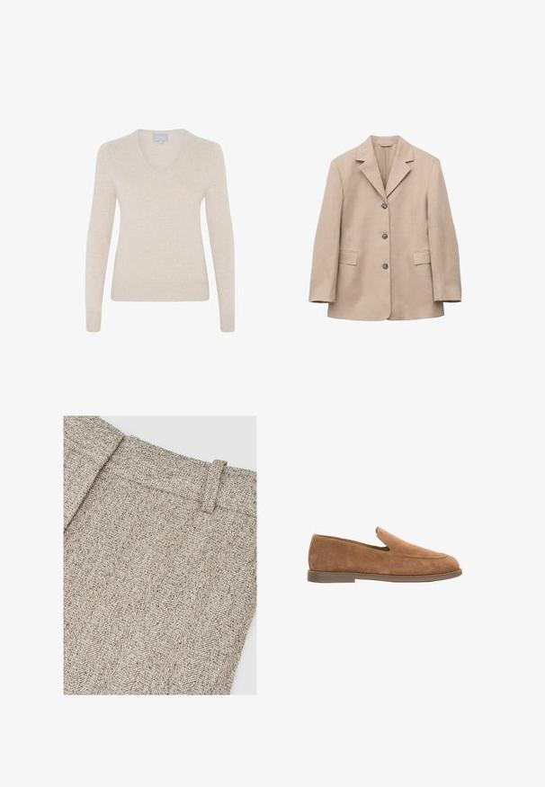 Beiger einreihiger Blazer mit drei Knöpfen, Kerbkragen, langen Ärmeln und zwei vorderen Klappentaschen, dargestellt auf weißem Hintergrund.; Beiger V-Ausschnitt-Pullover aus weichem Material, mit langen Ärmeln, taillierter Silhouette und geripptem Saum. Keine Muster oder sichtbare Hardware.; Heringbone-Musterstoff in Beige- und Grautönen mit strukturiertem Bund und kunstvollem Webmuster.; Brauner Wildleder-Slipper mit flacher Gummisohle und abgerundeter Spitze, Seitenprofil vor weißem Hintergrund.