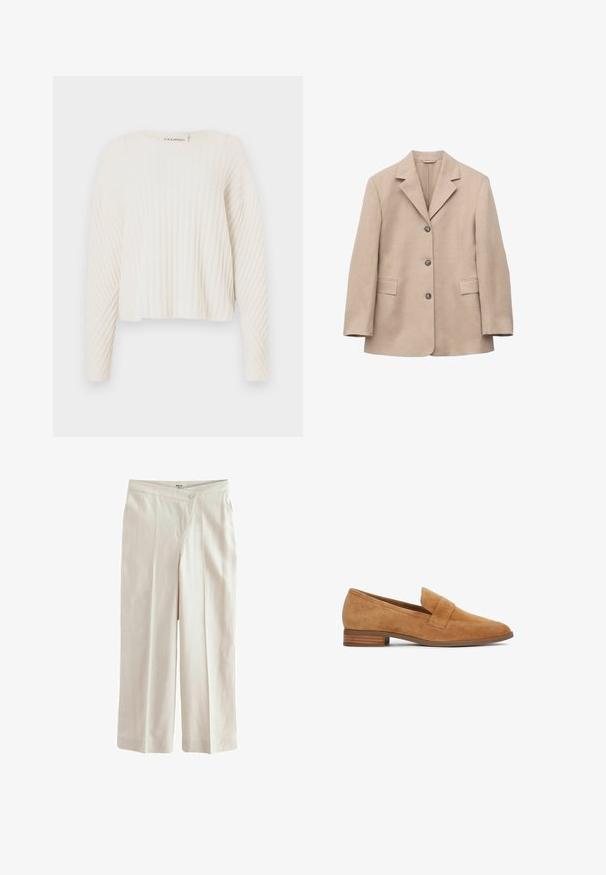Blazer beige de un solo botón con tres botones, solapas con muesca, mangas largas y dos bolsillos delanteros con solapa, presentado sobre fondo blanco.; CLOSED CREW NECK - Jersey de punto - ecru; Next ASYMETRIC WAITBAND TAILORED WIDE LEG - Pantalones - neutral; Mocasín de ante color canela con tacón apilado bajo y una correa ancha sobre el empeine, mostrado de perfil sobre un fondo blanco.