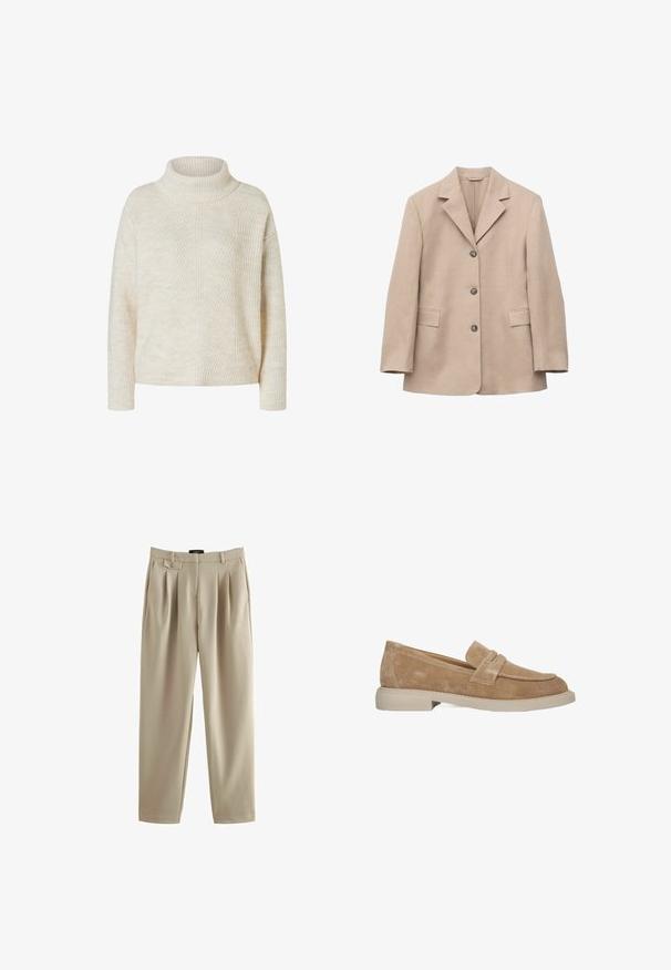 Blazer beige à simple boutonnage avec trois boutons, revers crantés, manches longues et deux poches avant à rabat, présenté sur fond blanc.; Pull en maille côtelée couleur crème avec des manches longues et un col roulé replié, présenté sur un fond blanc.; Pantalons plissés beiges à coupe décontractée, dotés d'une fermeture à bouton et de passants de ceinture, fabriqués dans un tissu lisse avec une texture douce.; Mocassins en daim brun avec un bout arrondi, détail de sangle décorative et une semelle en caoutchouc épaisse de couleur claire. Surface finement texturée.