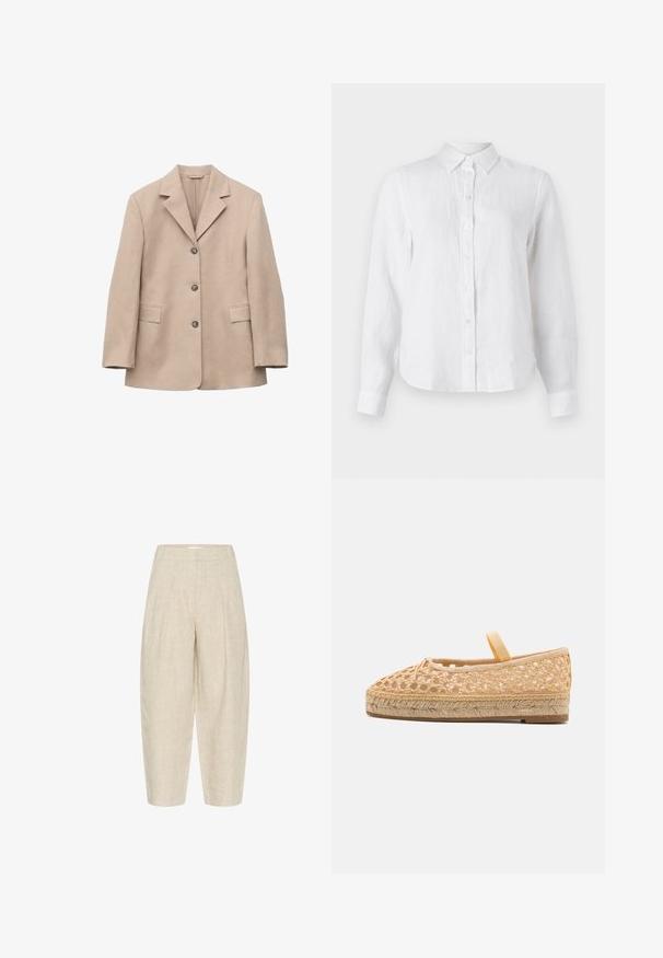 Beige enkeltknappet blazer med tre knapper, hakrevers, lange ærmer og to forlommer med klap, vist på hvid baggrund.; Hvid linned skjorte med lange ærmer, knaplukning foran, krave og en let afslappet pasform. Tekstureret stof med subtile rynker.; Beige linnedbukser med løs pasform, der har folder ved taljen, cropped længde, og et tekstureret, vævet stof.; Loeffler Randall KAYLA - Espadrilles - natural
