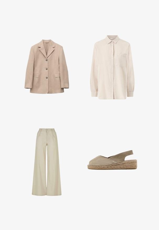 Blazer beige de un solo botón con tres botones, solapas con muesca, mangas largas y dos bolsillos delanteros con solapa, presentado sobre fondo blanco.; Camisa beige de manga larga con botones, cuello y bolsillo en el pecho, mostrada sobre fondo blanco.; Pantalones beige de pierna ancha con cintura alta, pliegues en la parte delantera, trabillas para cinturón y cierre con botón.; Sandalia espadrille de ante beige con talón abierto, puntera cerrada, suela plataforma de yute trenzado y correa trasera.