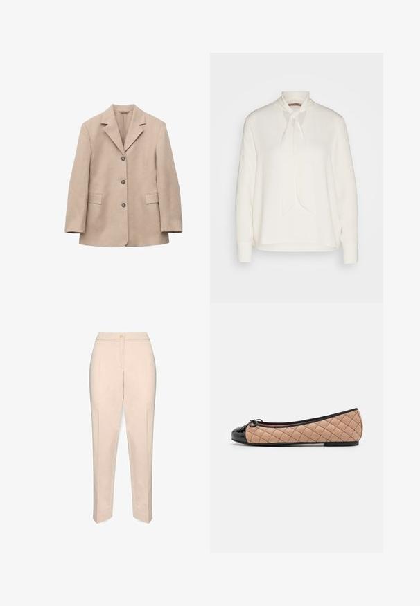 Beige enkeltknappet blazer med tre knapper, hakrevers, lange ærmer og to forlommer med klap, vist på hvid baggrund.; Hvid langærmet skjorte med bindebånd ved halsen, der har en glat overflade og en afslappet pasform. Enkel og elegant uden yderligere mønstre.; Beige skræddersyede bukser med høj talje, frontlukning med knap og lige ben, vist mod en hvid baggrund.; Pretty Ballerinas Ballerinasko - black/beige