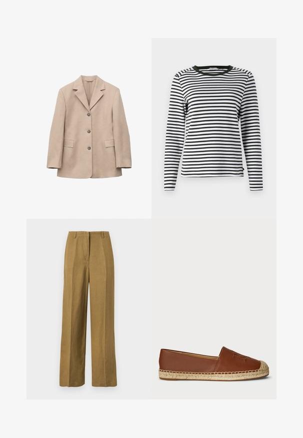 Beige yksirivinen bleiseri, jossa on kolme nappia, lovikaulukset, pitkät hihat ja kaksi etutaskua, esitetään valkoisella taustalla.; Pitkähihaine paita mustavalkoisilla raidoilla, jossa on pyöreä vihreä kaula-aukko. Pehmeää kangasta, normaali istuvuus ja suora helma.; Suorat khakinväriset housut, joissa vyölenkit ja edessä vetoketjullinen suljenta, esitetty yksivärisellä valkoisella taustalla.; Ruskea nahkainen espadrille-laput, joissa on kudottu juteepohja, pyöristetty kärki ja kohokuviointi yläosassa. Sujuva pinta ja yhtenäinen muotoilu.
