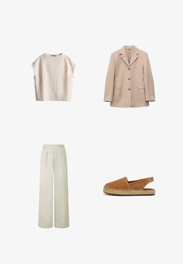 Beige single-breasted blazer met drie knopen, notch revers, lange mouwen en twee voorflapzakken, afgebeeld op een witte achtergrond.; Kortärmelig top in crèmekleur met een gestructureerd golfpatroon; losse pasvorm en ronde hals; gemaakt van lichtgewicht stof.; Lichtbeige wijde broek van linnen, met een hoge taille, plooien en een gladde, licht gestructureerde stof.; Bruine suède espadrille sandaal met slingback bandje en gevlochten jute zool, platte rubberen buitenzool en "Marc O'Polo" in reliëf aan de zijkant.