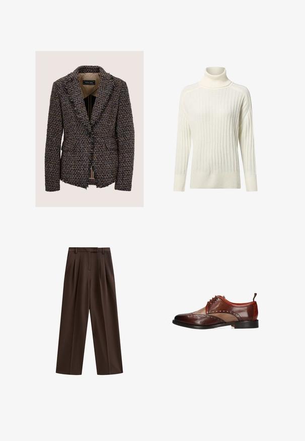 Veste en tweed marron et bleu texturé avec revers crantés, fermeture par un bouton noir unique, poches avant et bords effilochés à l'ourlet et aux poignets.; Pull à col roulé de couleur crème avec une texture côtelée, des manches longues et une coupe décontractée, présentant une légère variation de couleur.; Pantalons marron à taille large avec des plis, une ceinture plate et des passants de ceinture ; texture lisse et design ajusté. Idéal pour une tenue décontractée ou formelle.; Chaussure habillée homme en cuir marron bicolore avec détails brogue, fermeture à lacets et semelle noire, vue de profil sur fond blanc.