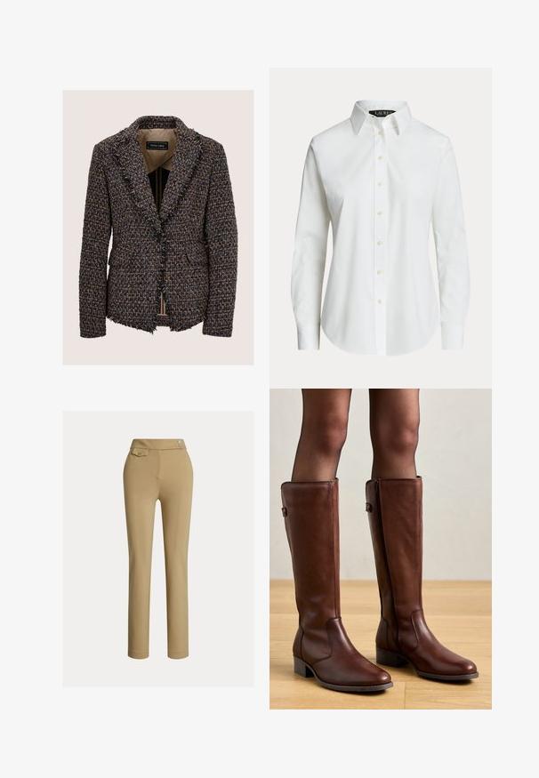 Bruine en blauwe getextureerde tweedblazer met inkepingen in de revers, enkele zwarte knoopsluiting, voorzakken en rafelige randen bij zoom en manchetten.; Wit overhemd met lange mouwen en knopen, met een klassieke kraag en zichtbare knopen aan de voorkant, getoond op een effen achtergrond.; Beige op maat gemaakte broek met een zachte textuur, hoge taille, twee decoratieve knopen en een enkele achterzak. Recht gesneden ontwerp.; Anna Field by Zalando LEATHER - Laarzen - brown