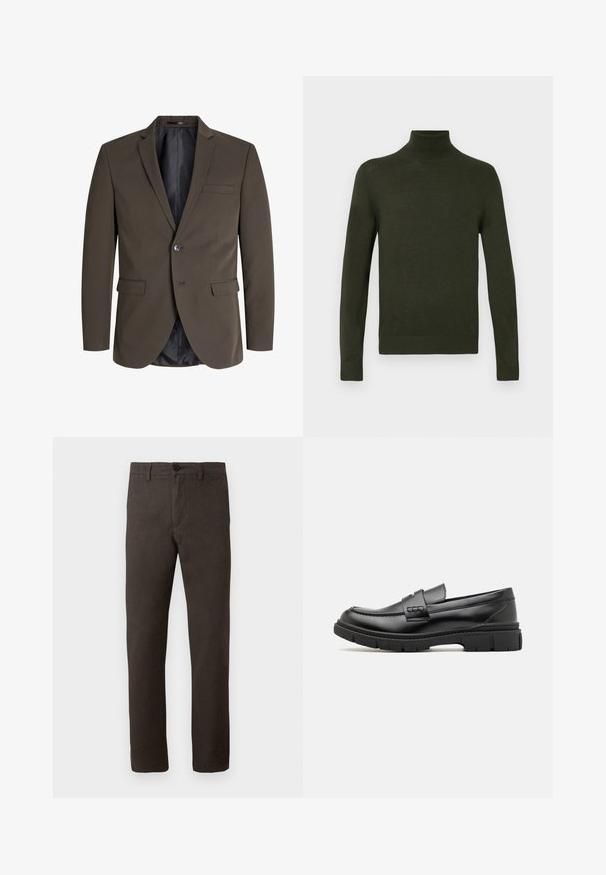 Dunkelbrauner Blazer mit einem einzelnen Knopf, zwei Fronttaschen und einem Reverskragen. Das Innere ist mit schwarzem Stoff gefüttert, um einen Kontrast zu schaffen.; Grüner Rollkragenpullover aus weichem Stoff mit langen Ärmeln, gerippten Bündchen und Saum, der eine figurbetonte Silhouette und eine glatte Textur aufweist.; Braune Hose aus einem strukturierten Stoff, mit geradem Bein, einem einzigen Knopfverschluss und minimalistischem Stil.; Schwarze Lederloafer mit einem breiten Riemen über dem Rist, Gummisohle mit dicken Profilen und glatter Textur. Klassisches, schlankes Design.