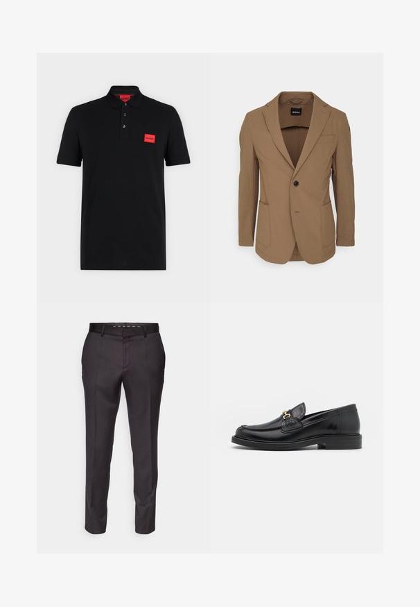 BOSS HANRY - Blazere - open green; Sort poloshirt med korte ærmer, tre-knaps slids og rødt rektangulært Hugo-logo på venstre bryst og indersiden af kraven.; Skræddersyede sorte bukser med en glat tekstur, struktureret design og frontfolder. Har lige ben og en tætsiddende talje.; Sorte læder loafers med en rund tå, der har guld hardware accent og syningsdetaljer, placeret på en lav, tekstureret gummisål.