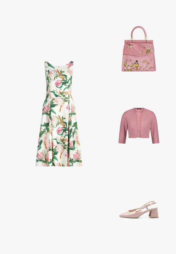 Roze cropped damesblazer met driekwartsmouwen en open voorkant, gladde stof, gestructureerde pasvorm.; Mouwloze witte midi-jurk met roze, oranje en groene bloemenprint en een licht uitlopende rok.; Roze gepatineerde leren slingback schoen met een vierkante neus, verstelbare strap en blokhak. Glad oppervlak en minimalistisch ontwerp.; Roze suède handtas met bloemige borduursels, met vogels en vlinders. Hardware in goudkleur en een ronde bovenhandgreep. Elegante flapsluiting.