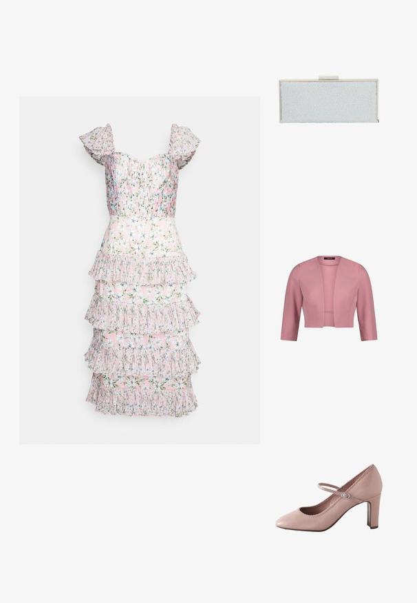 Roze cropped damesblazer met driekwartsmouwen en open voorkant, gladde stof, gestructureerde pasvorm.; AMUR GRADY COMBO PLEATED - Cocktailjurk - rosewater posey; Roze leren hoge hak met een afgeronde teen, enkelbandje en gegolfde rand. Voorzien van een smalle blokhak voor extra ondersteuning.; Lichtblauwe clutch met een gestructureerd oppervlak voorzien van heldere, verhoogde druppels. Zilverkleurige hardware bij de bovensluiting, rechthoekige vorm.