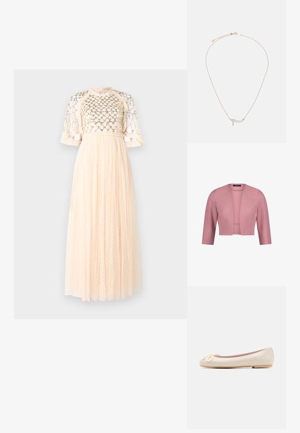 Blazer rose vif pour femme, court, manches trois-quarts, ouvert sur le devant, tissu lisse, coupe structurée.; Robe maxi en pêche pâle avec un corsage en dentelle texturée, des manches bouffantes courtes et une jupe fluide ornée de petits motifs en pointillés.; Ballerines en cuir verni crème avec un bout arrondi et un nœud en corde décoratif à l'avant, dotées d'une semelle plate et d'une texture lisse.; Collier en chaîne dorée avec quatre perles blanches et un petit accent en cristal suspendu, conçu avec une esthétique délicate et minimaliste.