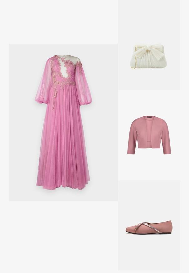 Roze cropped damesblazer met driekwartsmouwen en open voorkant, gladde stof, gestructureerde pasvorm.; Lange roze jurk gemaakt van doorschijnende stof, met een doorschijnende lijfje met bloemenborduursels, ballonmouwen en een vloeiende rok.; Ballet flats in zacht rozen satijn met een kruisbandontwerp versierd met vierkante zilveren accenten en een ronde neus. Lage zwarte zool.; Witte geplooide clutchtas met een opvallende strikdetail en een gouden kettinghengsel. Zachte textuur met een geplooid ontwerp aan de voorkant.